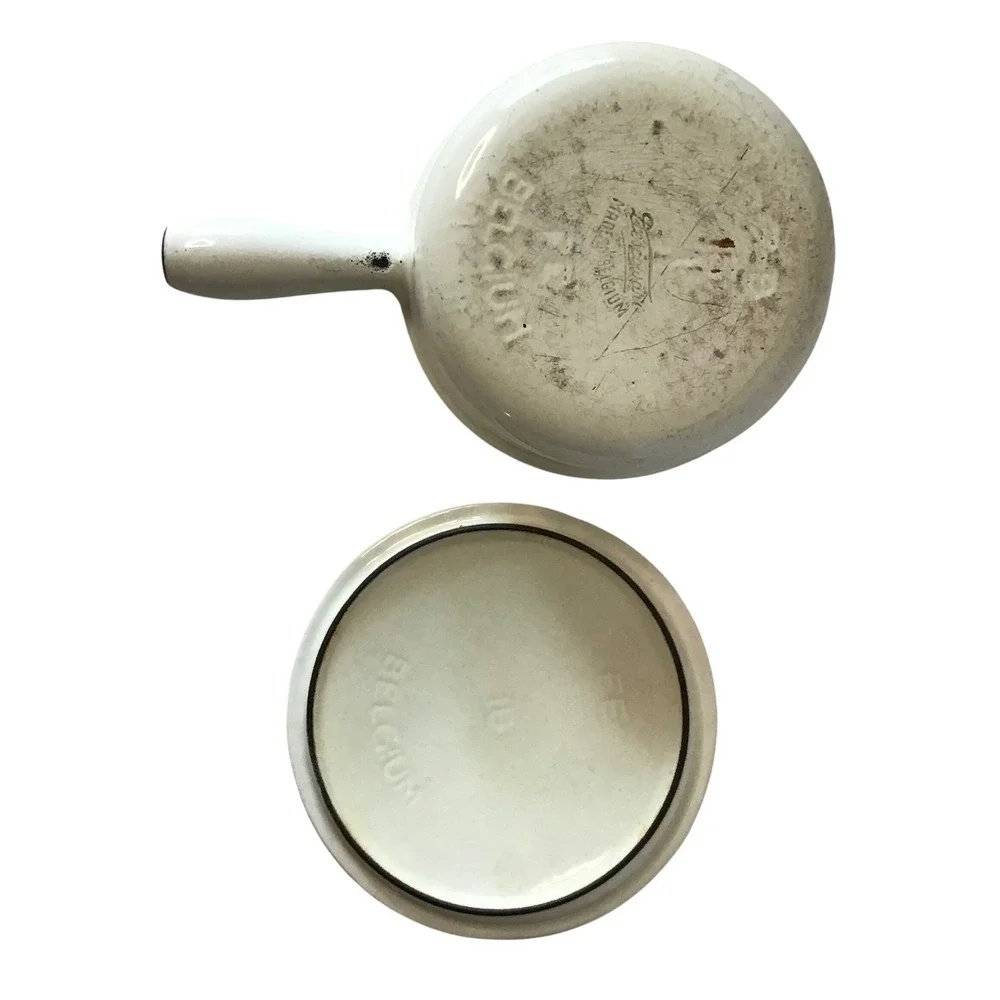 Vintage Descoware Belgium Enameled Cast Iron Sauce Pan Maple‎ Leaf 16 Lid Cream